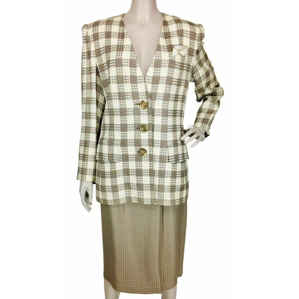 Vintage 80's High Shoulder Tweed Houndstooth Blazer & Pencil Skirt Business Suit